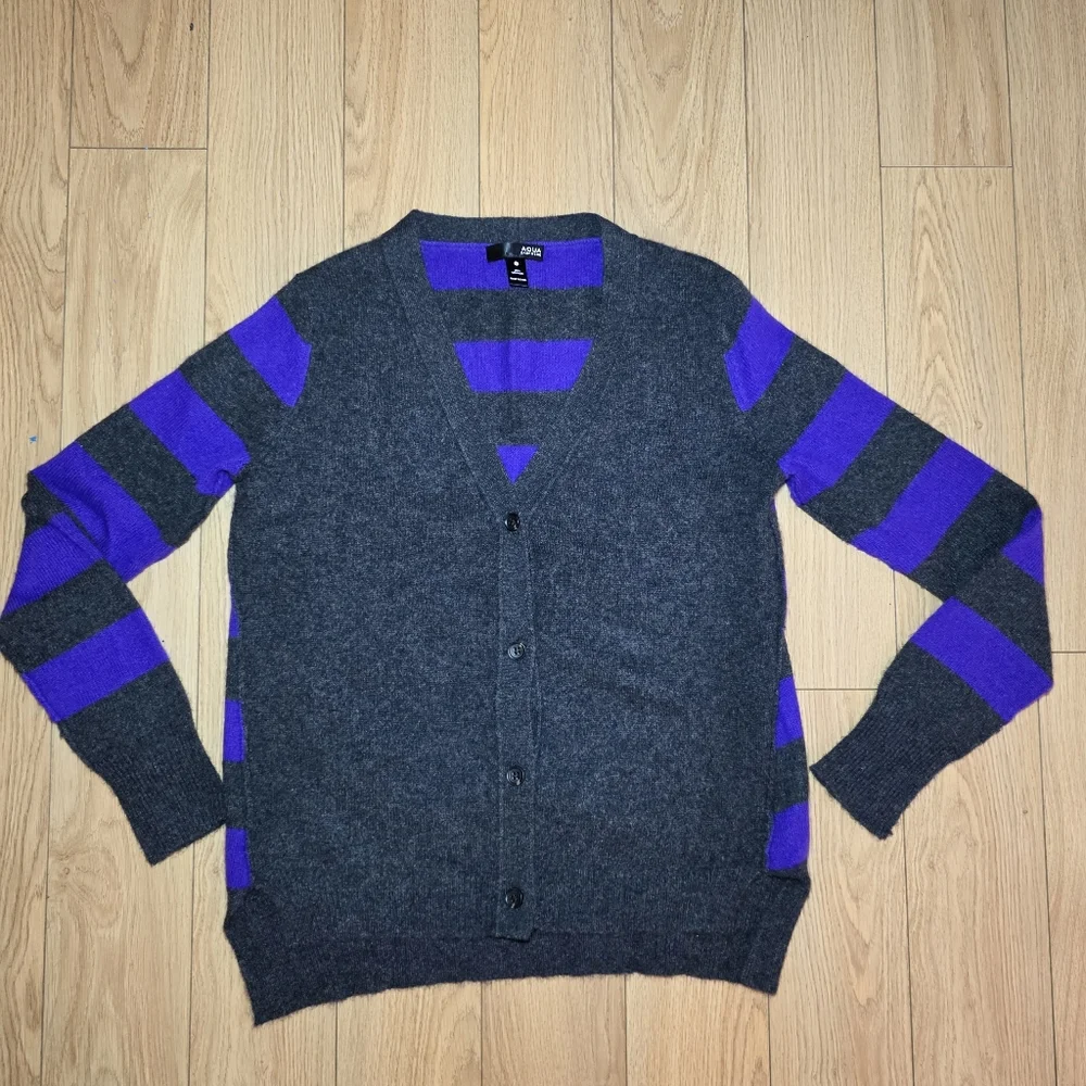 Aqua Striped Cashmere Button Up Cardigan- XS - Picture 5 of 13